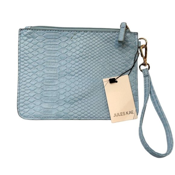 Jules Kae Handbags - Jules Kae Darla Vegan Croc Leather Pouch Wristlet Light Blue Detachable Strap